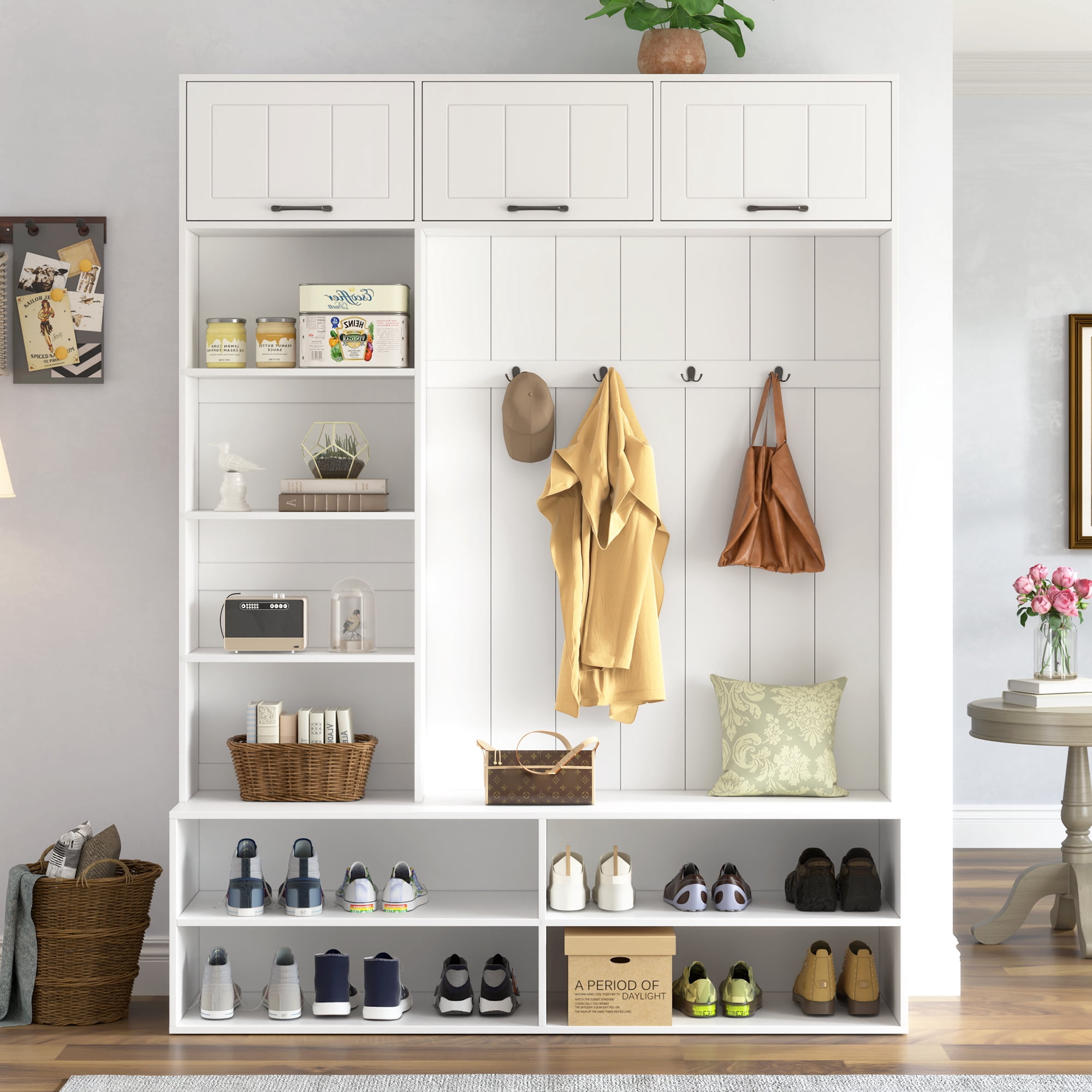 76.9"H Farmhouse Hall Tree with Bench and Shoe Storage, 5-in-1 Entryway Bench with Coat Rack, Modern Entryway Storage Organizer Cabinet with 4 Hooks for Hallway, Entryway, Living Room