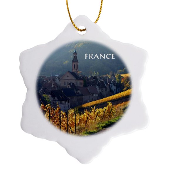 3drose, Village in France, 3 inch Snowflake Porcelain Ornament