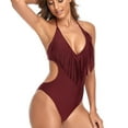 thumbnail image 2 of Honeeladyy One Piece Bathing Suit for Women,Plus Size Cutout Solid Color Slim Swimsuit Halter Backless Fringe Swimwear, 2 of 9