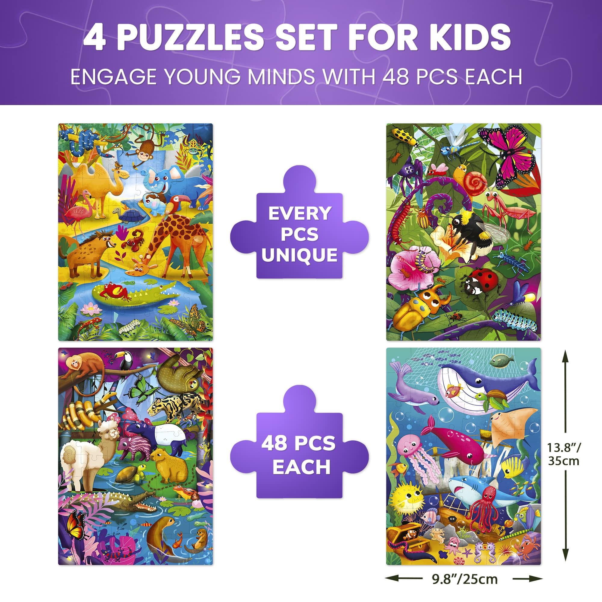 QUOKKA 4 x 48 Pieces Jigsaw Puzzles for Toddlers 4-6 – Animal & Nature Themes, Learning Toy for Kids