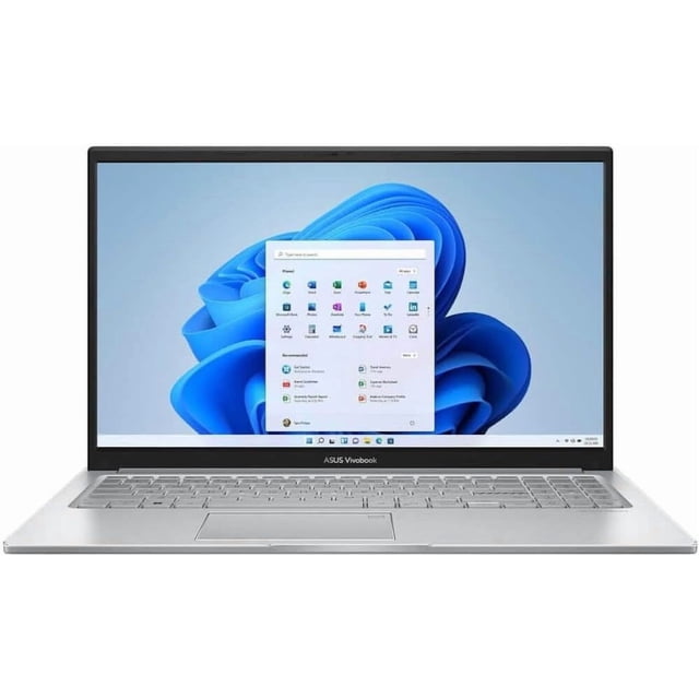 ordenador portátil asus vivobook 15.6 pulgadas fhd intel core i5 16 gb 512 gb portátil 15.6" FHD ASUS Vivobook vista frontal abierta; carcasa plateada, pantalla con menú de Windows, teclado completo con panel táctil y biseles delgados, logo ASUS en el marco inferior. Apto para trabajo y estudio.