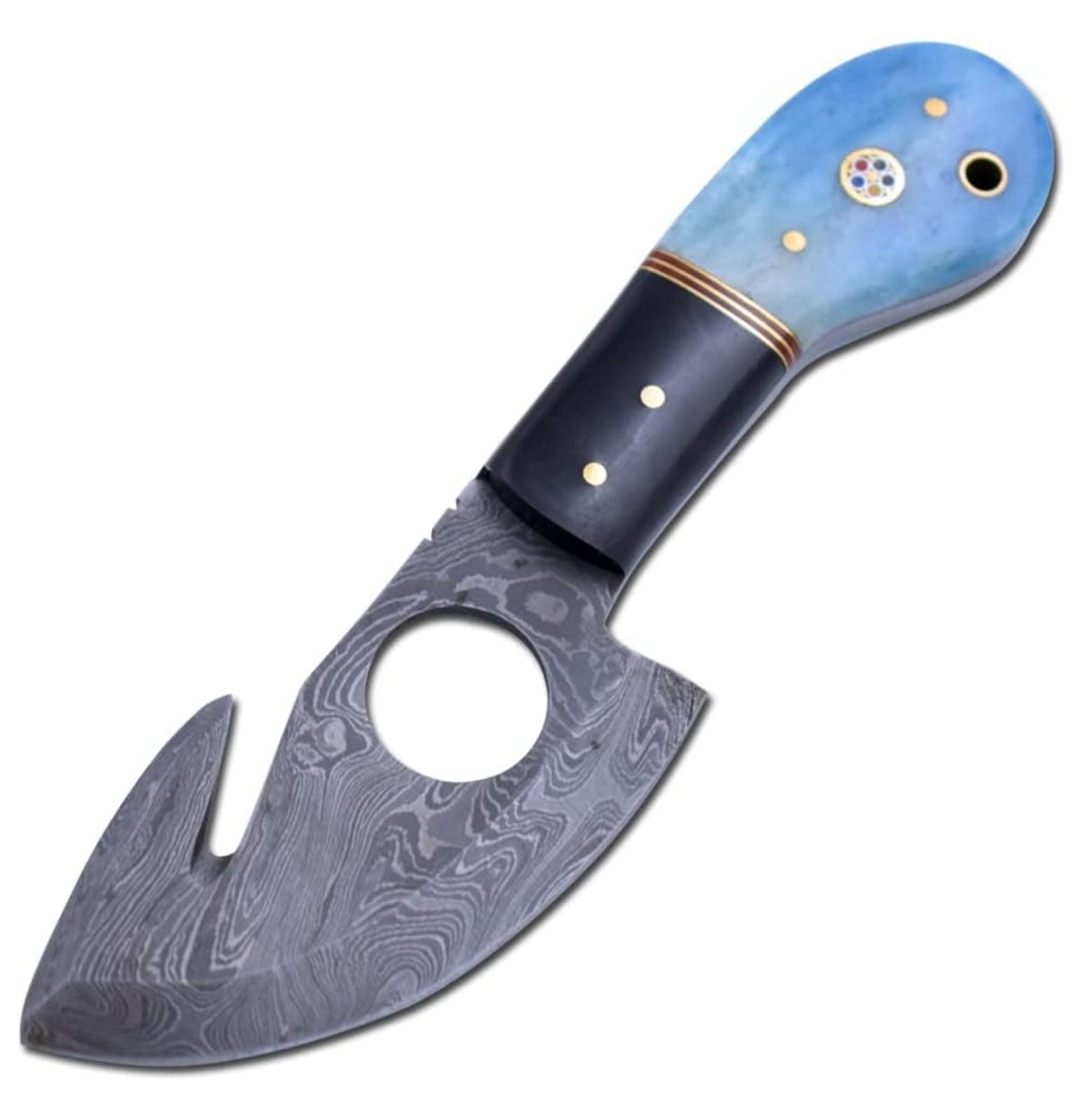 Damascus Steel Color Bone Handle Fixed Blade Full Skinner Knife w/Leather Sheath Hunting Camping Fishing Outdoor (Blue)