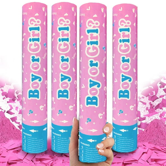4 Packs Gender Reveal Confetti Cannon 12 Inch Pink Powder & Confetti Poppers Shooter for Girl Gender Reveal Baby Shower Party