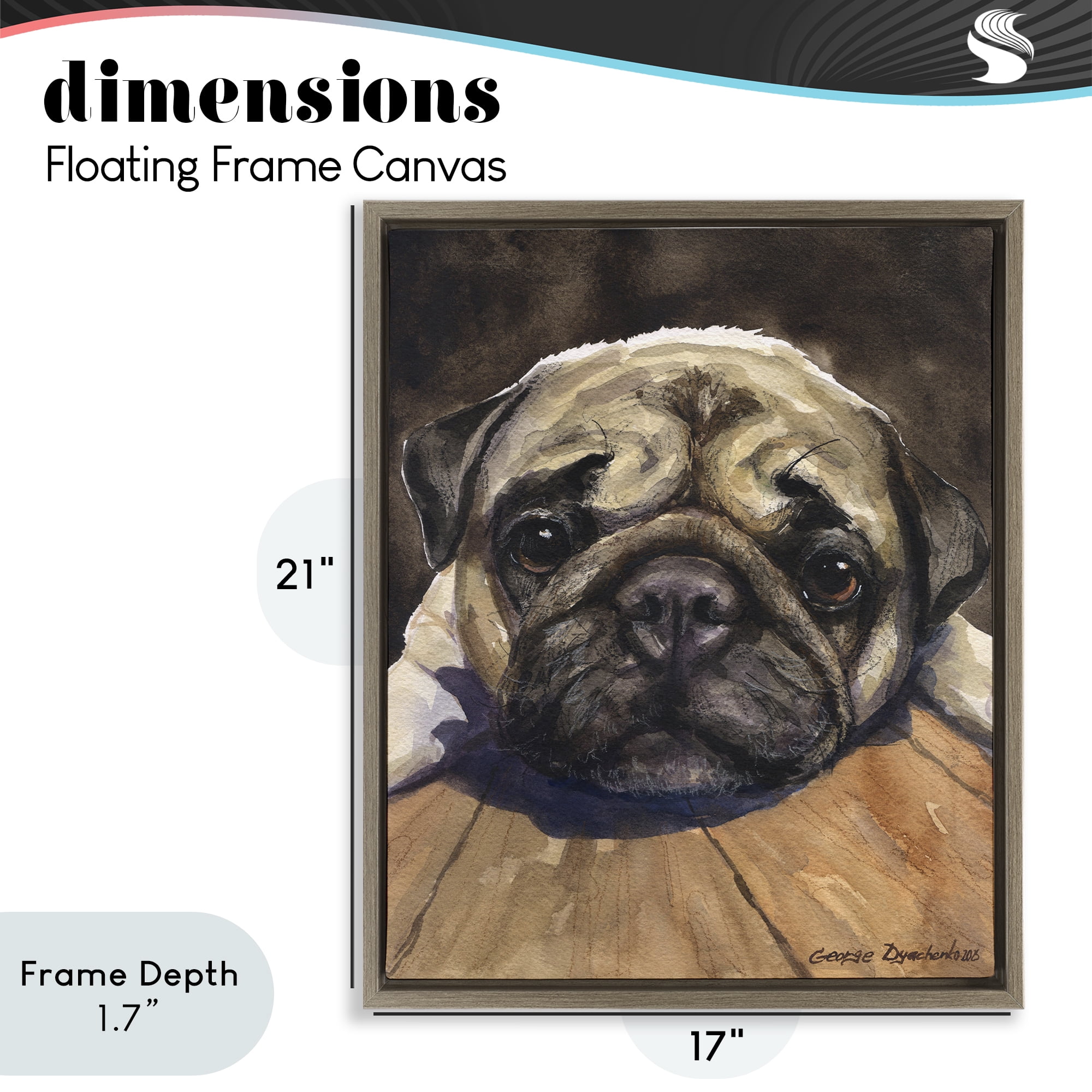 Stupell Industries Pug Soulful Portrait Brown Framed Floater Canvas Wall Art, design by George Dyachenko