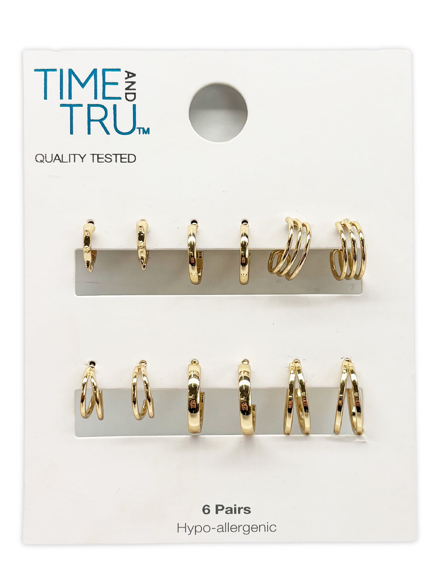Time and Tru Women's Gold Tone Fashion Dainty 6 Pairs of Metal Hoops.