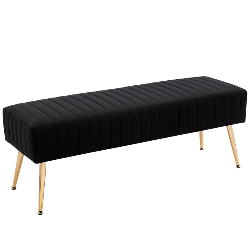 Modern Upholstered Bedroom Bench, End of Bed Bench with Gold Metal Legs, Fabric Entryway Bench Ottoman, Padded Accent Bench for Bedroom, Living Room, Hallway, Black
