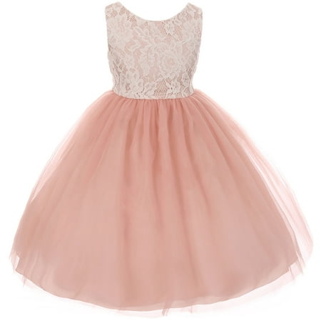 - Little Girl Sleeveless Lace Bodice Illusion Tulle Easter Flower Girl Dress USA Rose 2 KD 414 BNY Corner