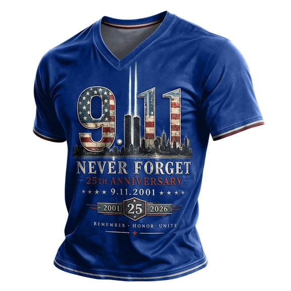 GIPQJK 9/11 25th Anniversary Commemorative T-Shirt for Unisex American Flag Shirts V Neck Short Sleeve T-Shirt Vintage 911 Memorial 25th Anniversary Top,Royal Blue 3XL