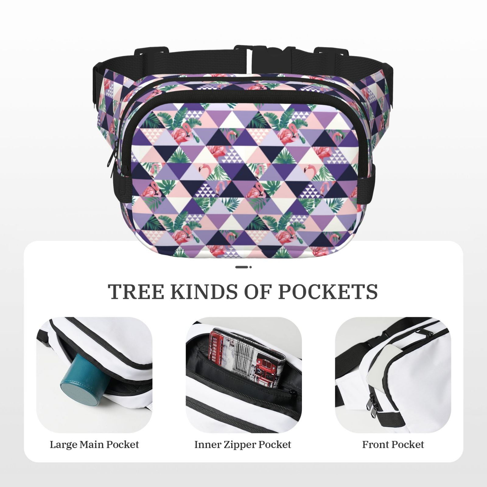 Picia Plaid Flamingo Print Square Double-Layer Waist Bag Mini Adjustable Waist Belt Bag Exercise Running Travel Hiking