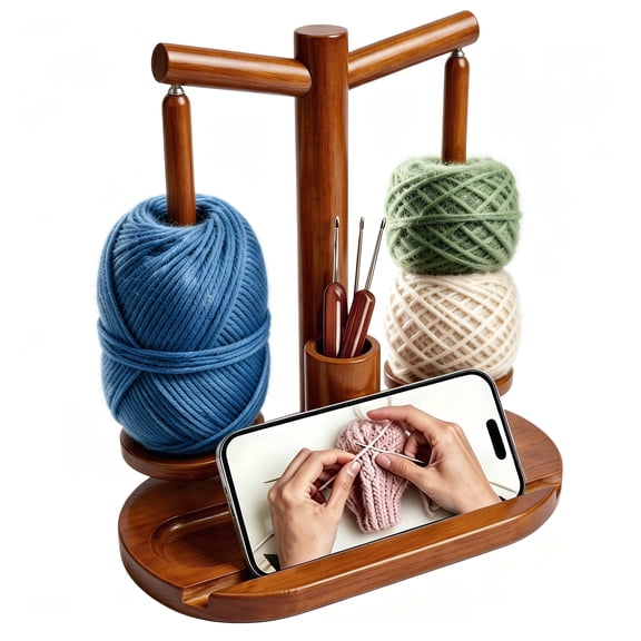 RMGVG Yarn Holder for Crocheting, Wooden Rotating Yarn Spinner with Magnetic 360° Turntable, 2 Spindles, Phone Stand & Craft Organizer