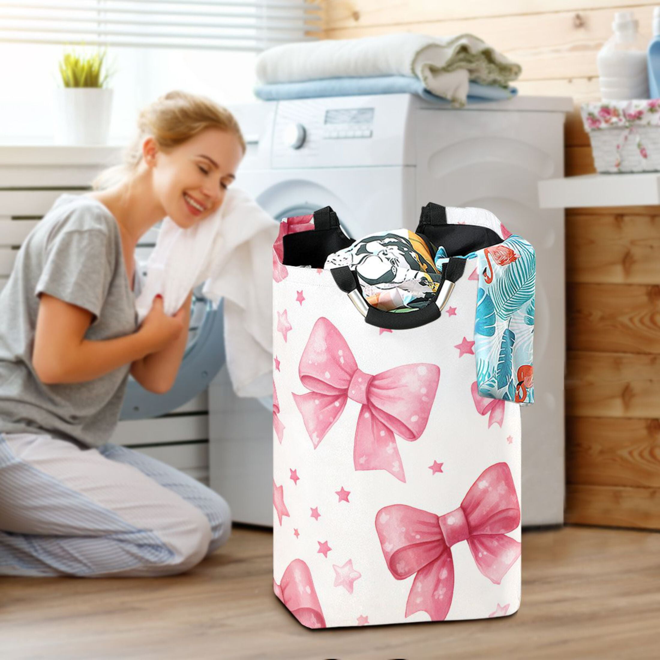 Pink Bows and Stars Laundry Basket with Handles Foldable Laundry Hamper Freestanding Washing Bin 50L
