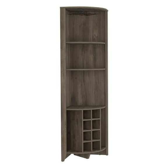 Depot E-Shop Giza Corner Bar Cabinet With 3 Shelves, 8 Wine Cubbies, Glass Rack, And 2 Side Shelves, Dark Brown