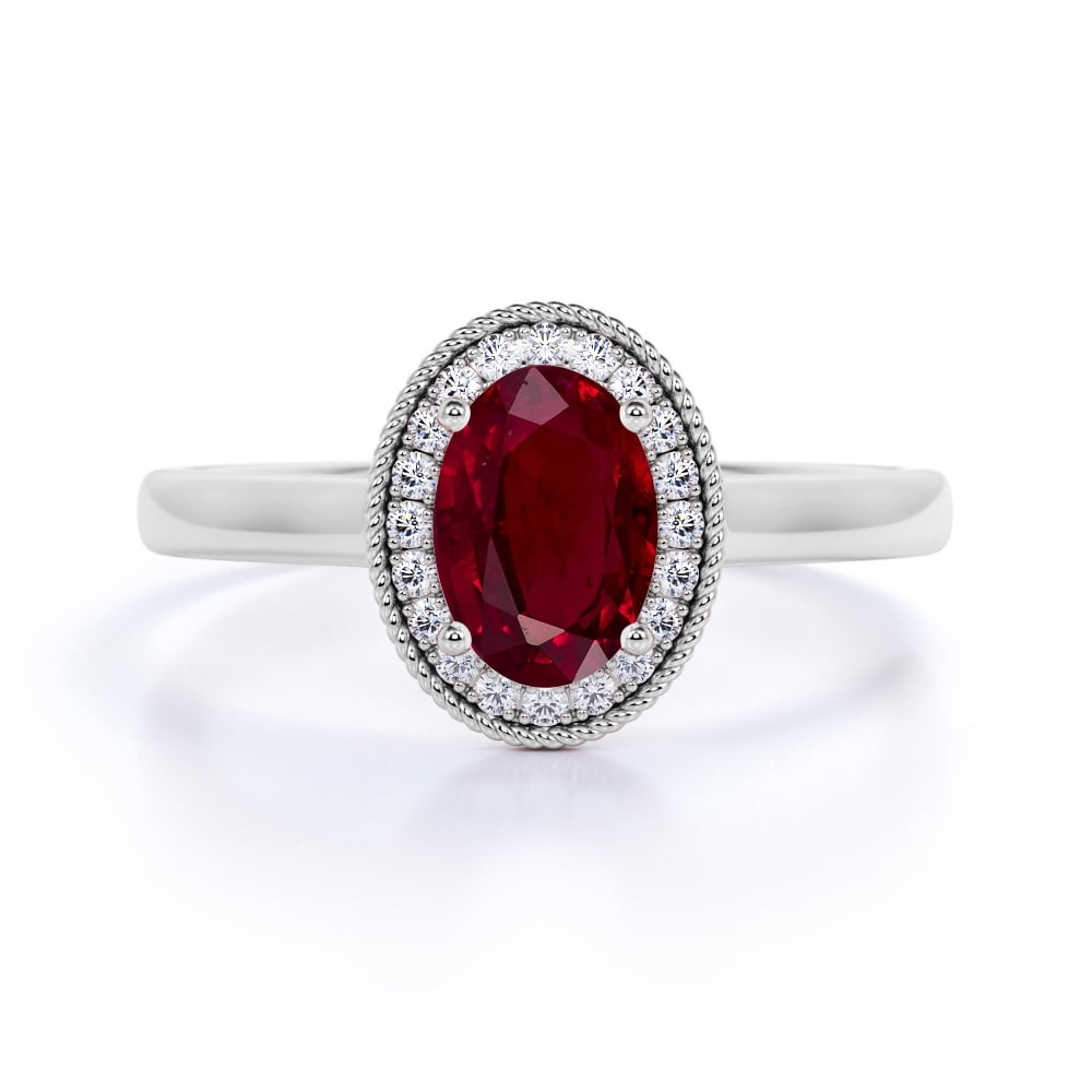 10k Real White Gold 1.50 Ct Oval & Round Cut Created Red Ruby & Simulated Diamond Stud Earrings 