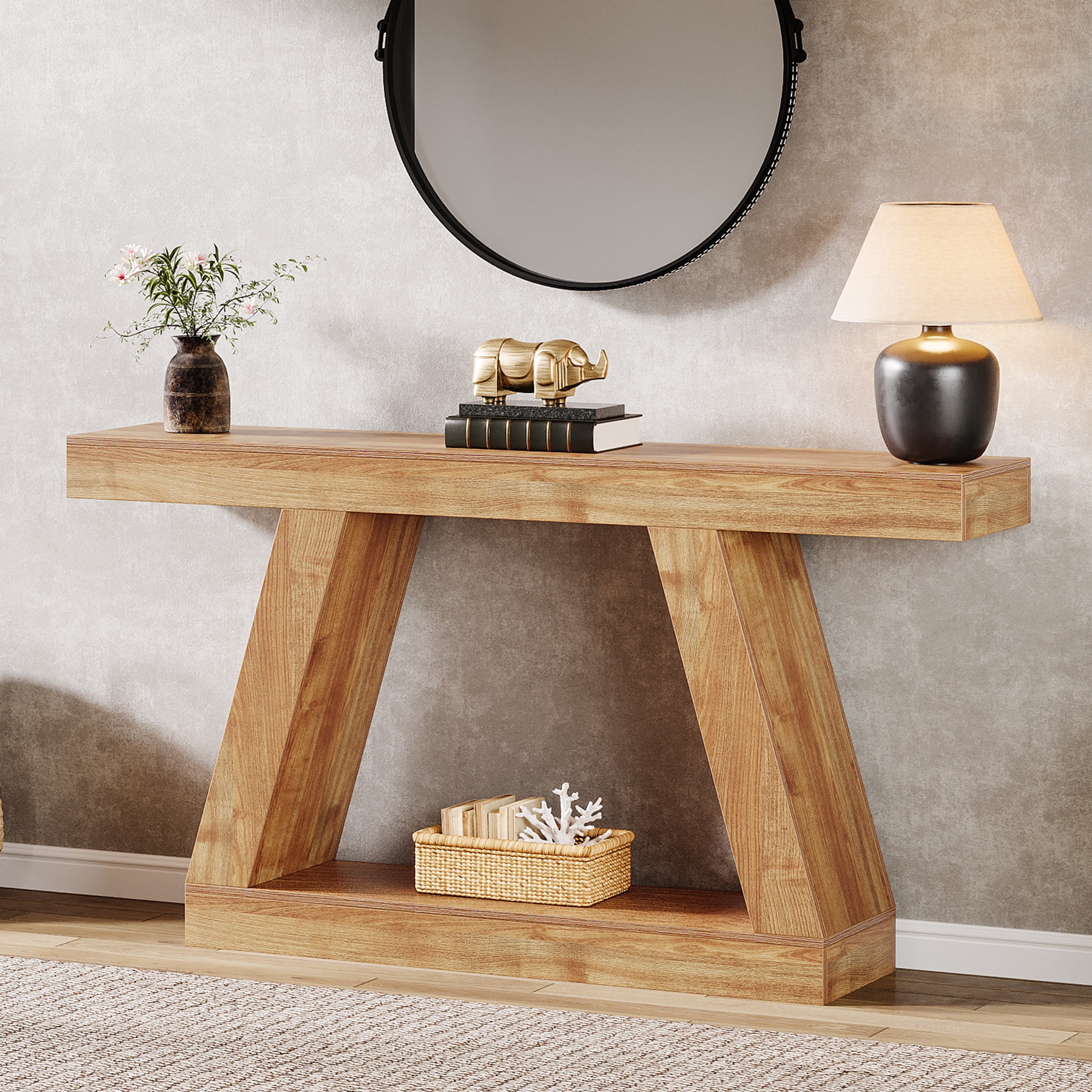 Finmind 55-Inch Farmhouse Console Table，2-Tier Wooden Entryway Table for Hallway, Natural