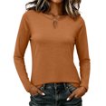 thumbnail image 2 of IUYRTFE Women's Crew Neck Long Sleeve Top with Notched Detail Slim Fit Solid Color Casual Tee, 2 of 8