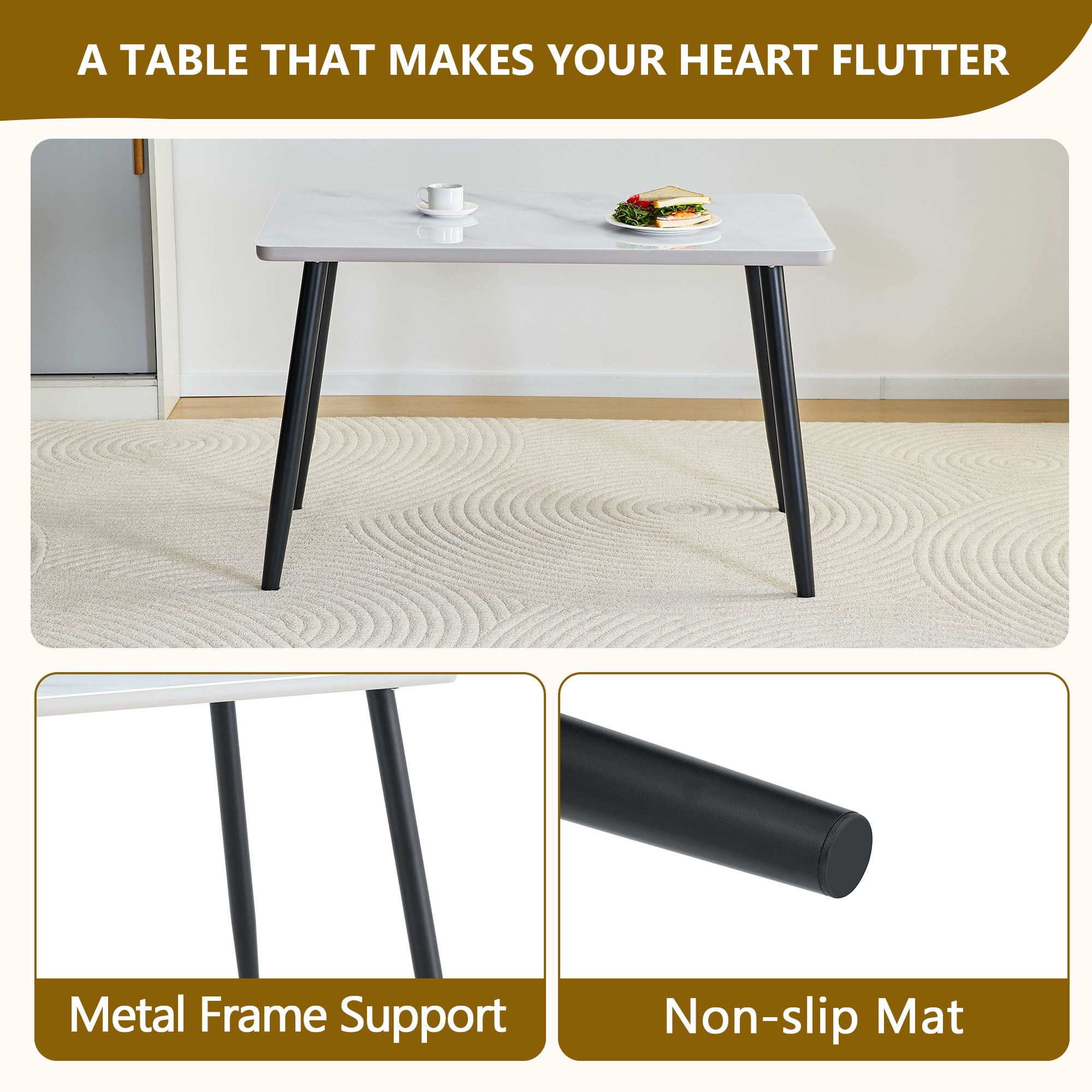 Hi loPres 47" White Modern Rectangular Dining Table for Apartments, Faux Marble Tempered Glass Top Kitchen Desk with Stable Black Metal Legs, Minimalist Style