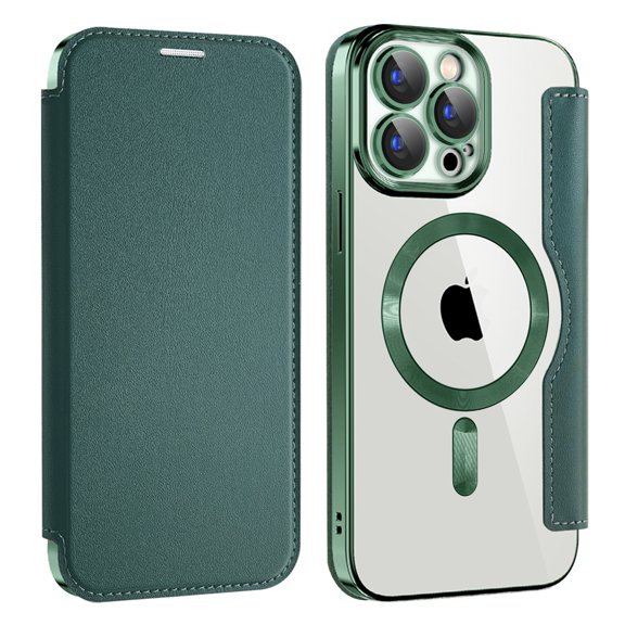Allytech Wallet Case for iPhone 14 Pro with Card Slots & Lens Protector, Compatible with MagSafe, Slim Shockproof Anti-Scratch Clear Back Panel [RFID Blocking] Case - Darkgreen