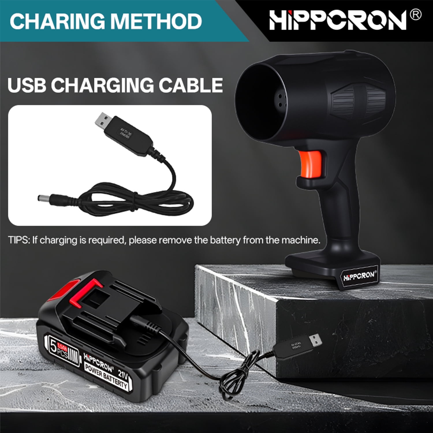 HIPPCRON 21V Cordless Leaf Blower, 30000RPM High-Speed Motor, One 1500mAh Battery, USB Charging, Safety Kit with Gloves, Goggles and Earplugs