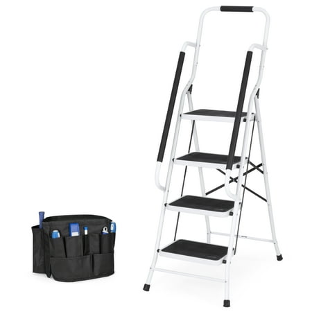 Best Choice Products 4-Step Portable Folding Anti-Slip Steel Safety Ladder w/ Padded Handrails, Attachable Tool Bag, Knee Rest - (Best Price On Little Giant Xtreme Ladder)
