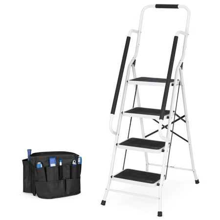 Fold Mobile Ladders (Best Choice Products 4-Step Portable Folding Anti-Slip Steel Safety Ladder w/ Padded Handrails, Attachable Tool Bag, Knee Rest -)