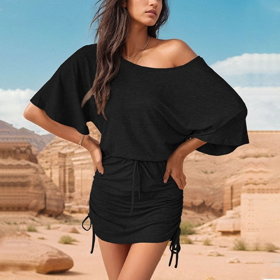QUINDOS Dresses for Women 2025 Sundress Short Sleeve Crew Neck Casual Party Dresses Summer Bandage Off the Shoulder Solid Color Mini Knee High Womens Dresses