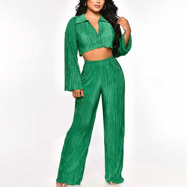 Puntoco Mujeres 2 Piezas Plisado Trajes Casual Camisa De Manga Larga Pantalones De Pierna Ancha Traje Liquidación Puntoco Puntoco-1549
