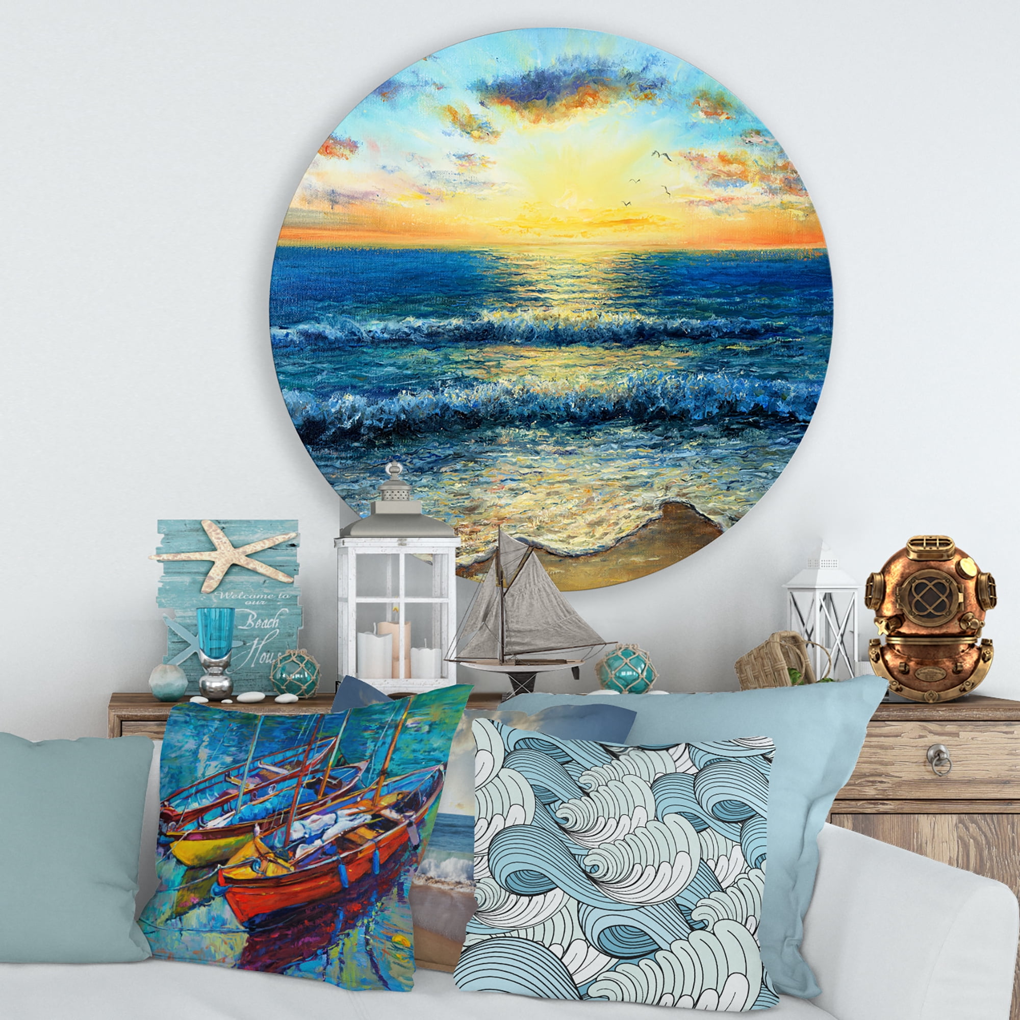 Designart 'Sunrise Glow On The Ocean Waves I' Nautical & Coastal Circle Metal Wall Art 29x29 - Disc of 29