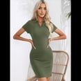 thumbnail image 4 of Vestido Corto Acanalado con Solapa y Cuello en V para Mujer, Color Liso, con Mangas y Control de Abdomen. Verde M, 4 of 9