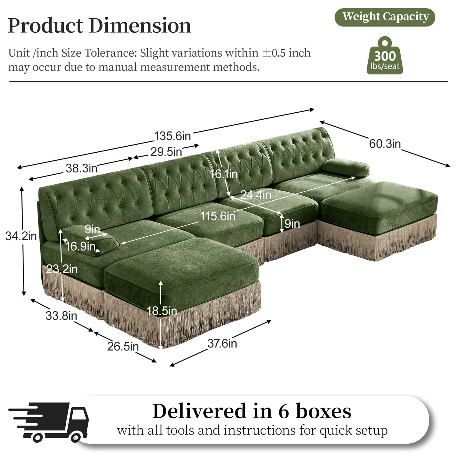 Hommoo 4-Seater Chesterfield Style Velvet Fabric U-Shaped Sectional Sofa with 2 Ottomans, Tufted Button Upholstered Design and Floor-grazing Tassel, Free Combination Sofa Couch Set, for Home, Green