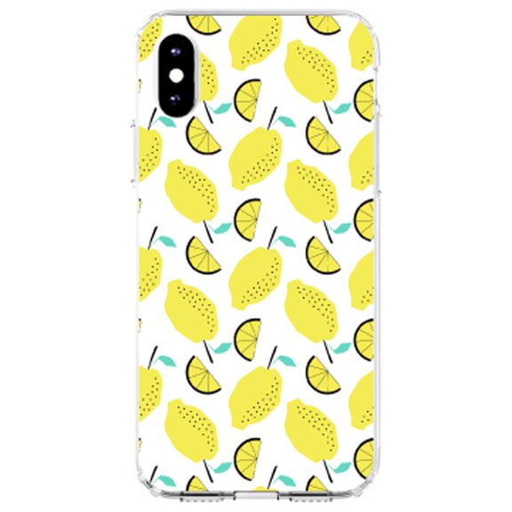 DistinctInk Clear Shockproof Hybrid Case for iPhone XR (6.1" Screen) - TPU Bumper, Acrylic Back, Tempered Glass Screen Protector - Summer Graphics - Lemon Pattern - Lemonade