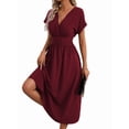 thumbnail image 3 of Womens Solid Color Overlap V Neck Batwing Sleeve Waist Pleated Long Elegant Dress Maxi Wine Red M, 3 of 10