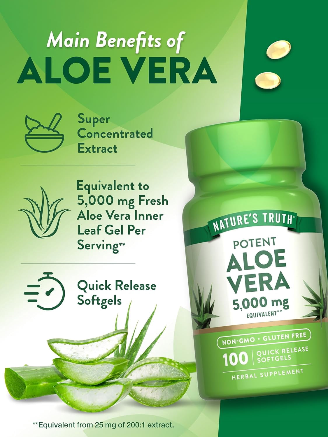 Nature's Truth Aloe Vera Softgels 5000mg, 100 Count, Inner Leaf Gel, Vegan  - Walmart.com