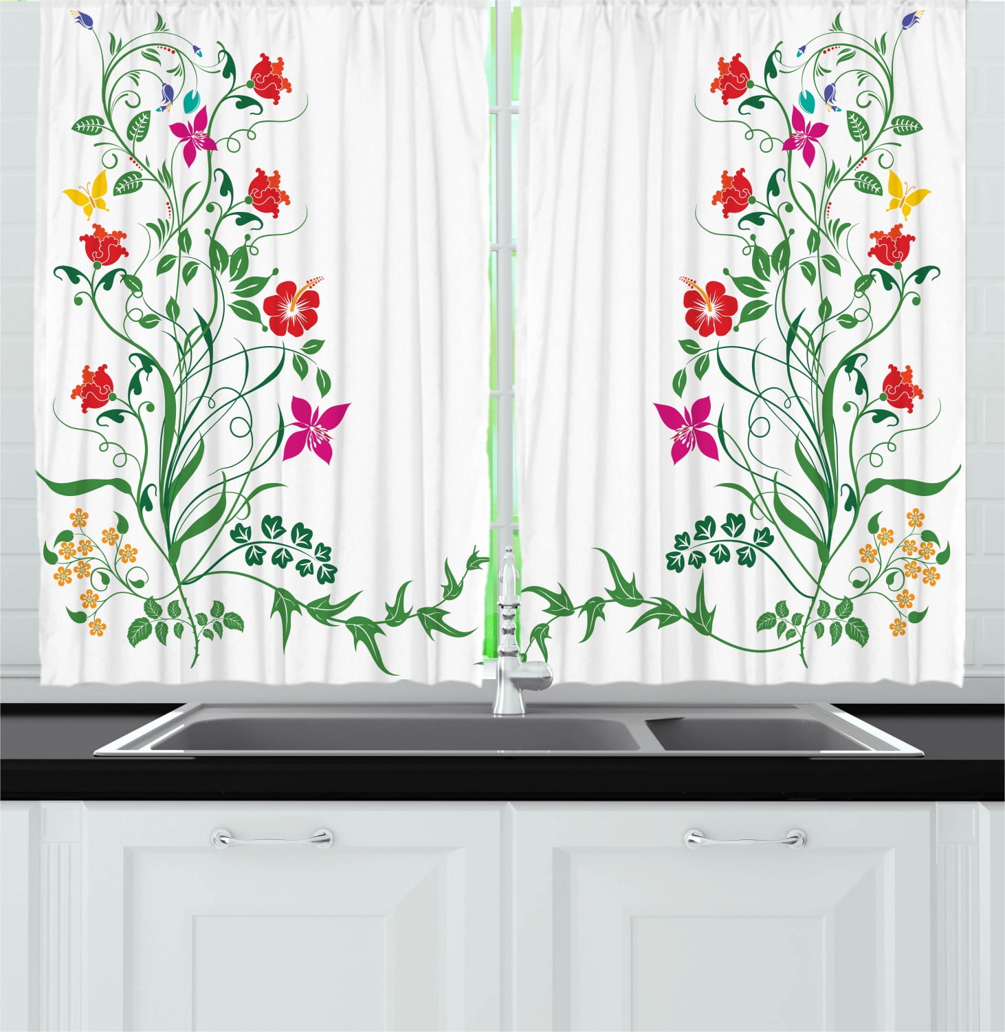 Flower Curtains 2 Panels Set, Oriental Design with Floral Leaves Buds