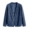 thumbnail image 5 of JULMCOMO Jean Jacket Women 3/4 Sleeve Button Down Loose Casual Denim Cardigan Relaxed Fit Collarless Denim Jacket Dark Blue M, 5 of 9