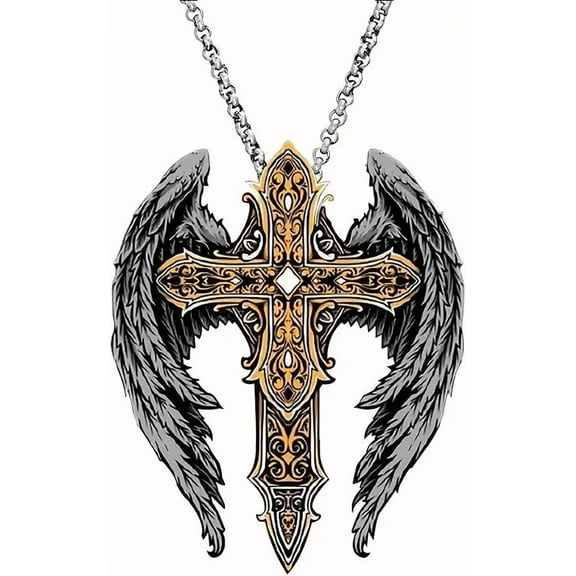 Gothic Angel Wing Necklace Vintage Cross Wing Pendant Necklace Gold Silver Punk Style Angel Wing Cross Necklace Goth Necklace for Women and Men