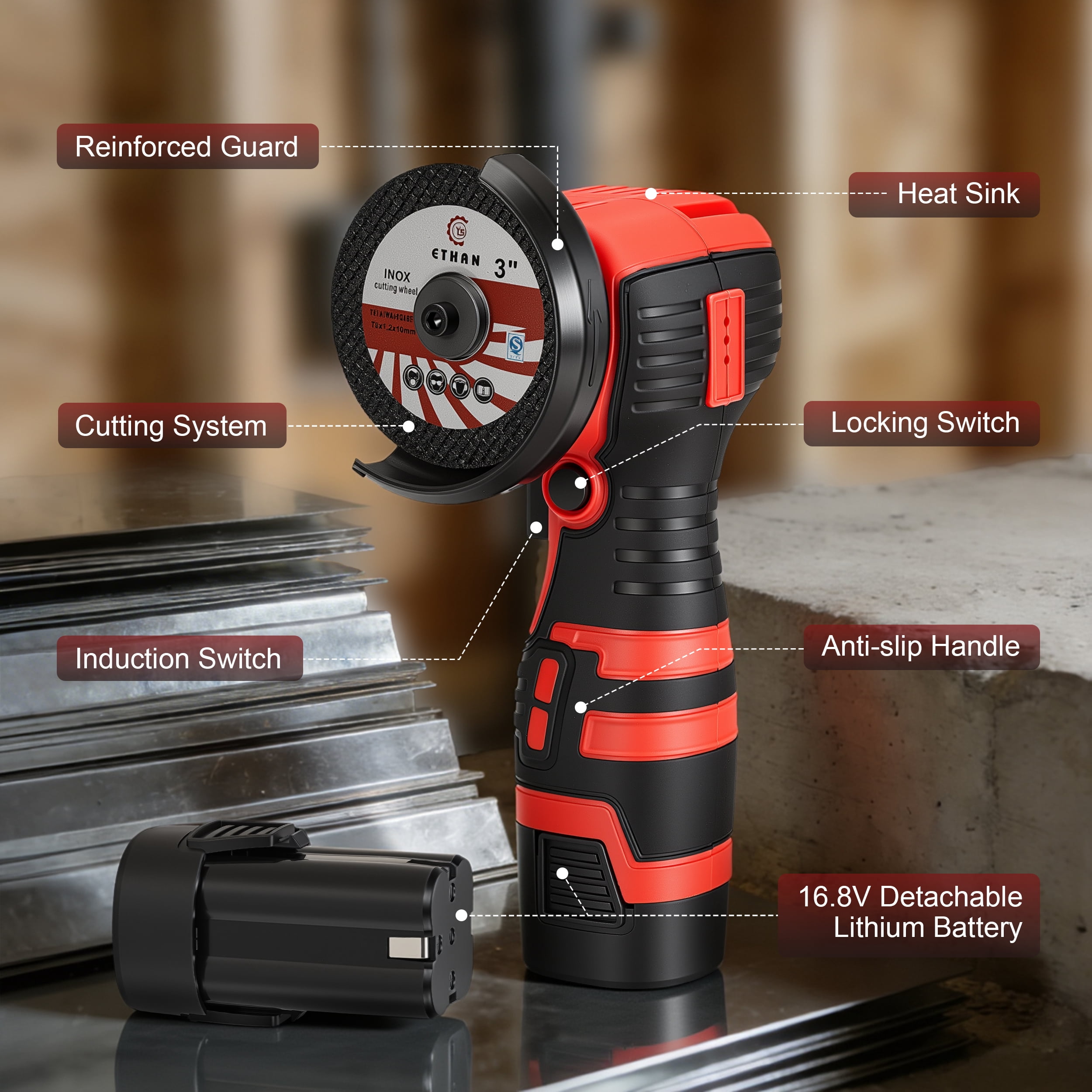 RELOIVE Angle Grinder Kit,28000RPM 4-in-1 Cordless Mini Electric Angle Grinding Tool with 2pcs 16.8V 2.0Ah Battery,9 Pcs Cutting Discs for Cutting Metal, Wood, Stone, DIY & Home Repair