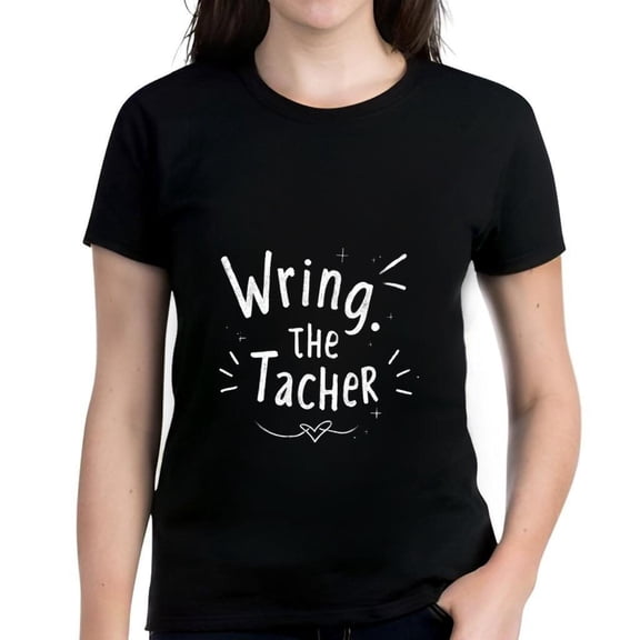 Cotton Short Sleeve T-Shirt for Women - Black Tee with White " Wrong The Tacher " Design Stars & Heart Accents Casual Style