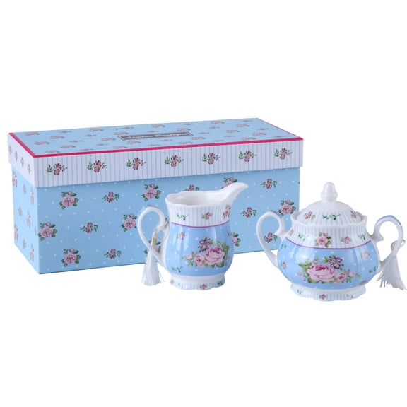 London Boutique Porcelain Teapot Sugar Bowl and Cream Milk Jug Shabby Chic Vintage Floral in Gift box 40oz (Cream & Sugar Set Rose Blue)