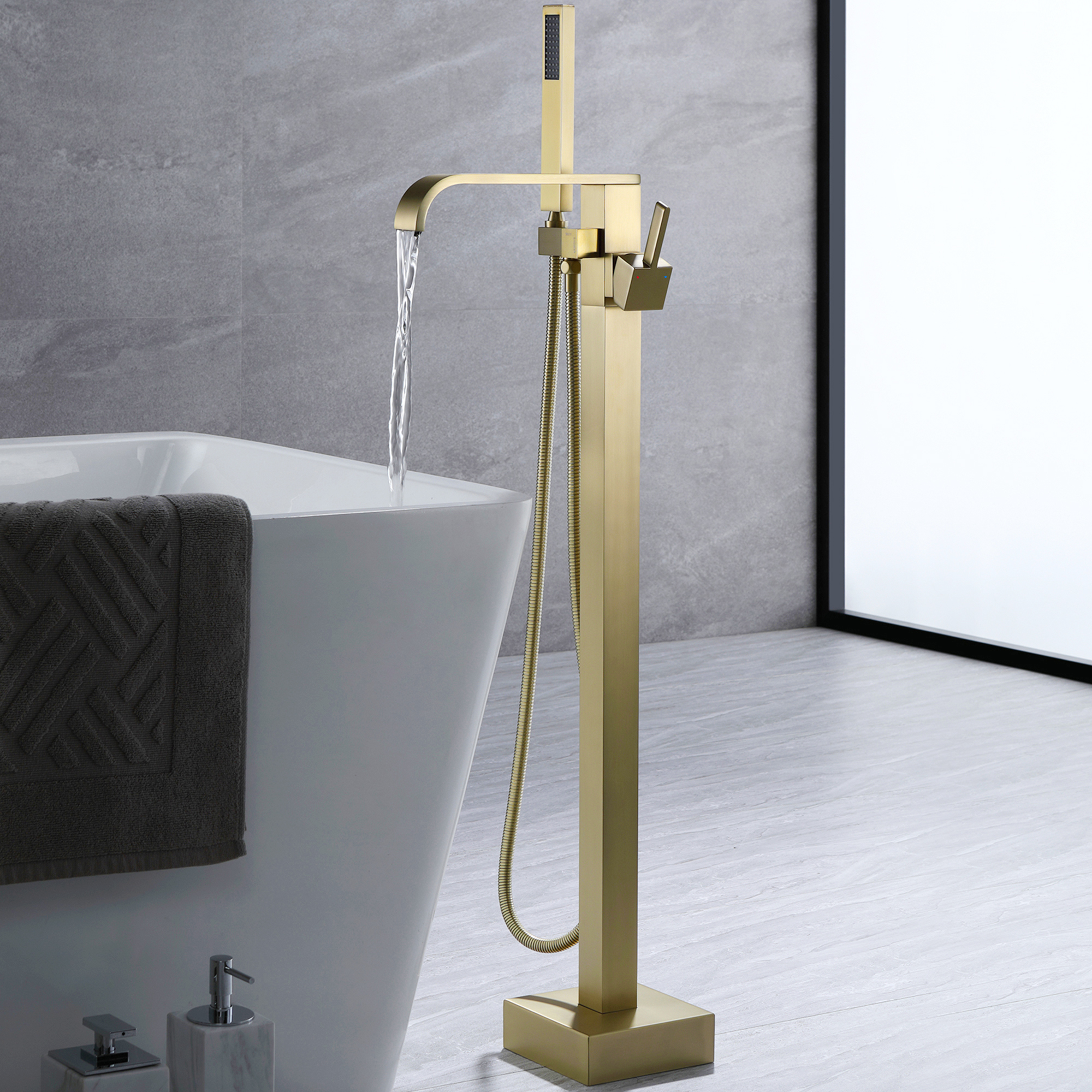 Wand Floor Mounted Bathroom Tub Filler with Hand Shower, Brass Freestanding Bathtub Faucet