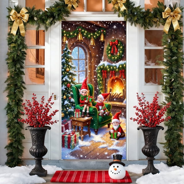 Housse de Porte de Noël Père Noël Rideau de Porte / Décoration Murale des Fêtes pour Porte d'Entrée / Tissu Polyester Festif Décoration Intérieure Extérieure pour la Maison