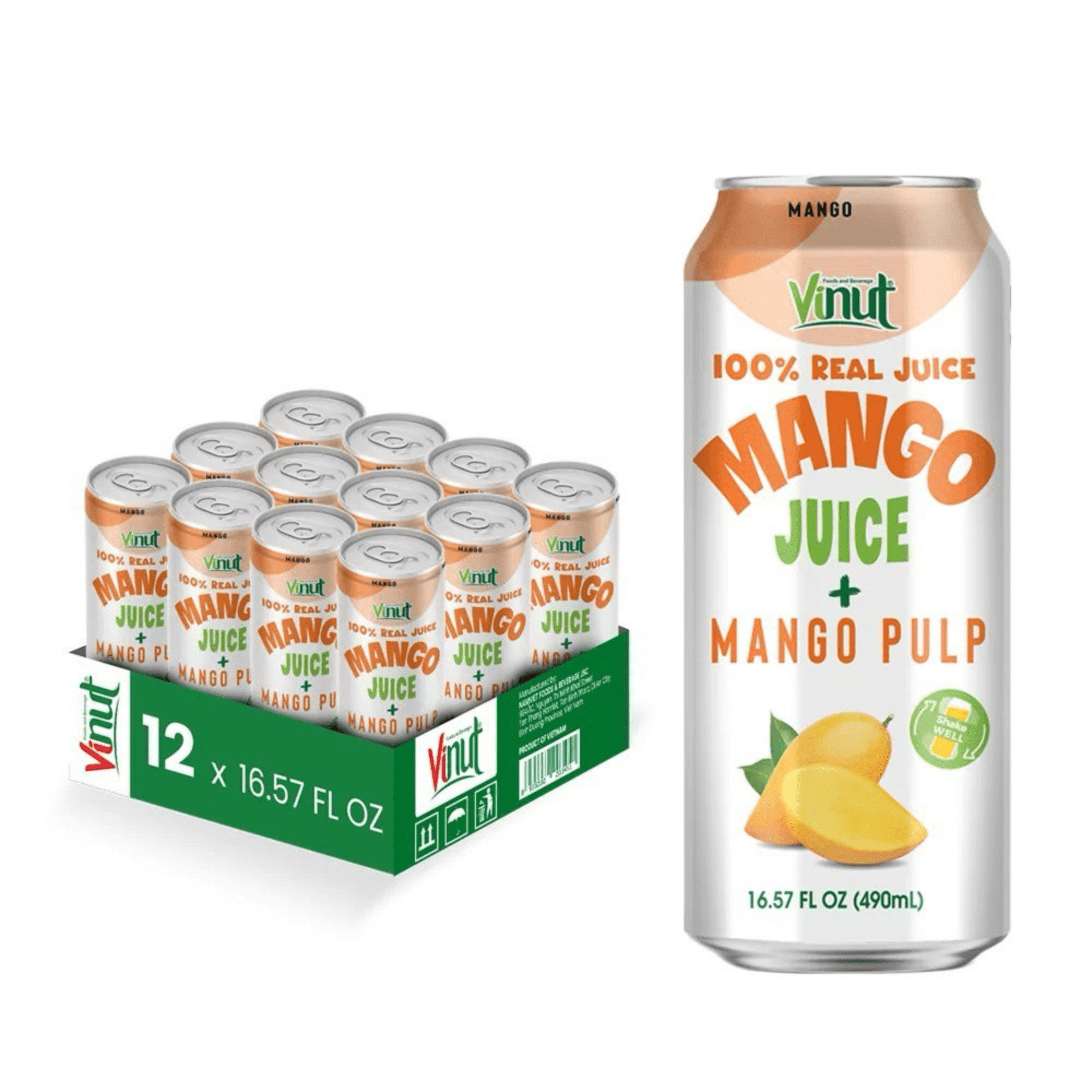 Vinut 100% Mngo Juice With Pulp (16.57 fl oz, Pack 12), No Sugar Added, Fresh, Natural, Not from Concentrate (NFC)