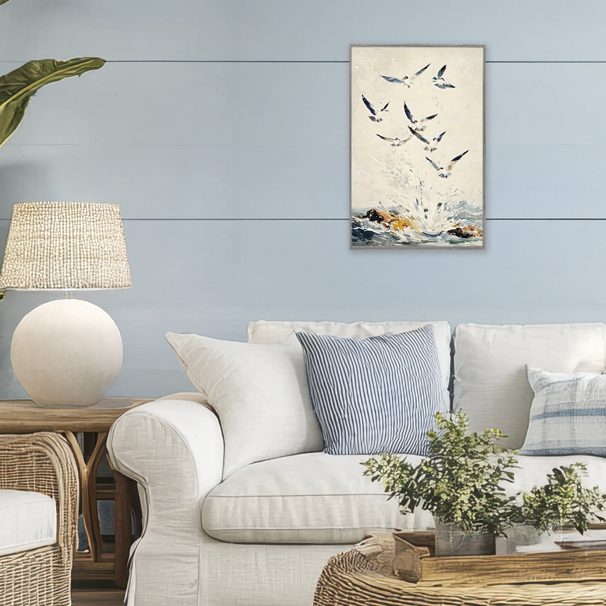 Stupell Industries Waves of Seagulls over Rocks Gray Framed Giclee Art, design by Creative Studio