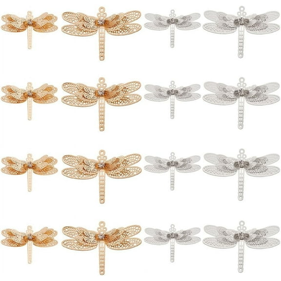 1 Box 16Pcs 4 Styles Dragonfly Charm Silver Small Insect Charms Metal Hollow Flying Animals Charms Crystal Golden Charm for Jewelry Making Charms Supplies Crafting Hair Clip Decorative DIY