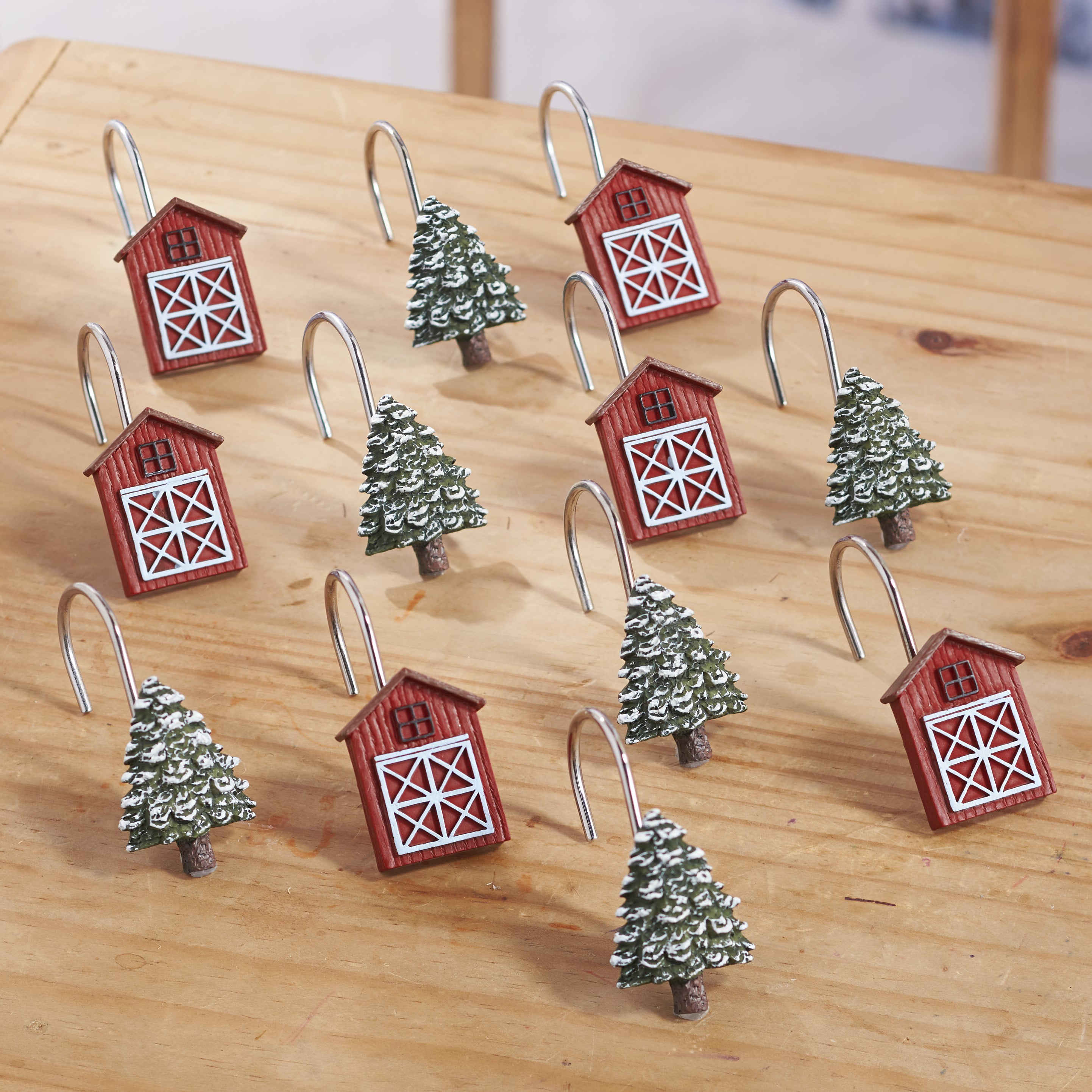 Set of 12 Vintage Red Truck Christmas Tree Outdoor Crystal Glass Shower Curtain Hooks Rings Decorative Bathroom Decor