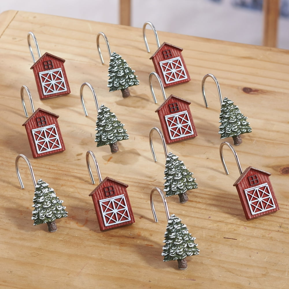Christmas Shower Curtain Hooks with Decorative Trees and Barns - Set of