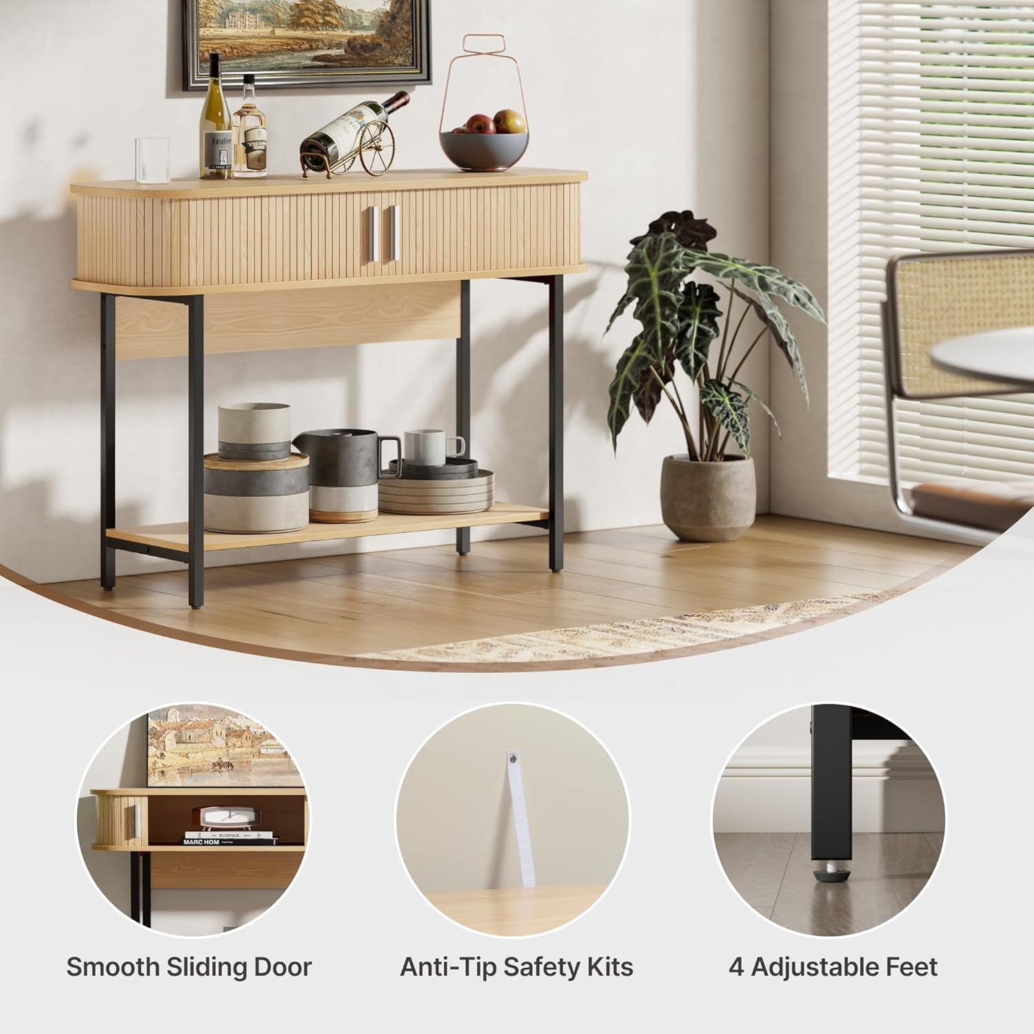 ECOTINY 40" Mid-Century Modern Entryway Table, Ultra Slim Fluted Console Table with Sliding Doors & Storage, Rounded Corner Wooden Sofa Table for Hallway & Living Room, Natural