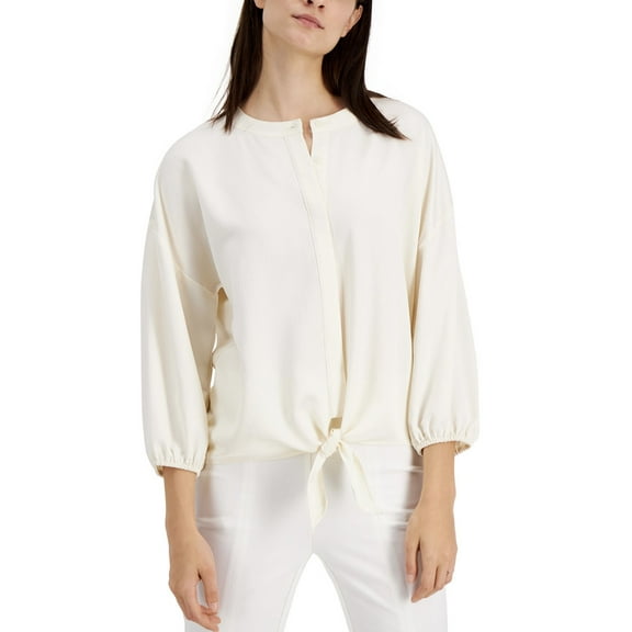 Alfani Women's 3/4 Sleeve Crewneck Tie-Front Top Antique White Size L