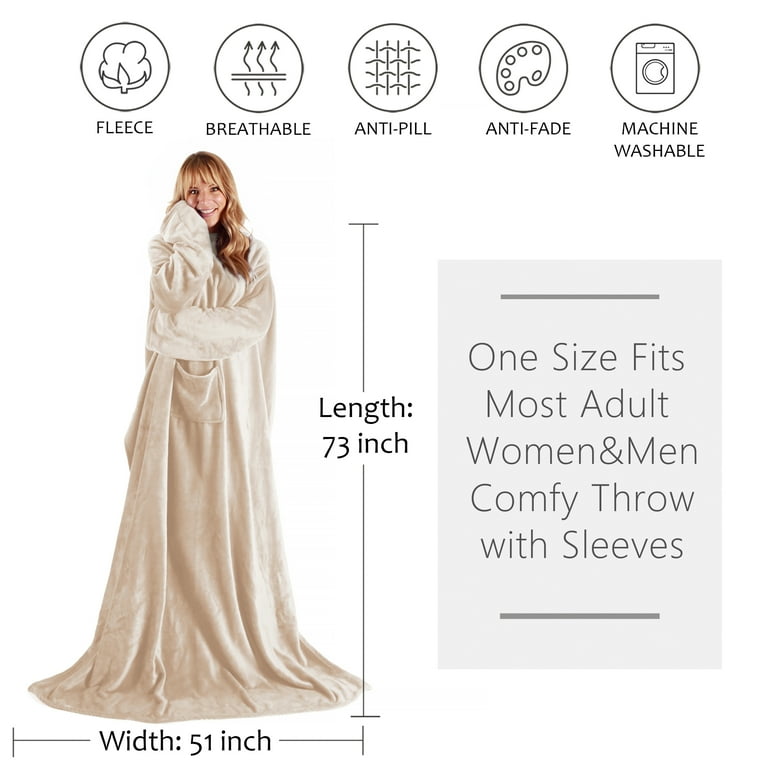 Wearable Fleece Blanket with Sleeves for Adult Women Men Super Soft Comfy Plush TV Blanket Throw Wrap Cover for Lounge Couch Reading Watching TV 73 x 51 Latte Beige Walmart