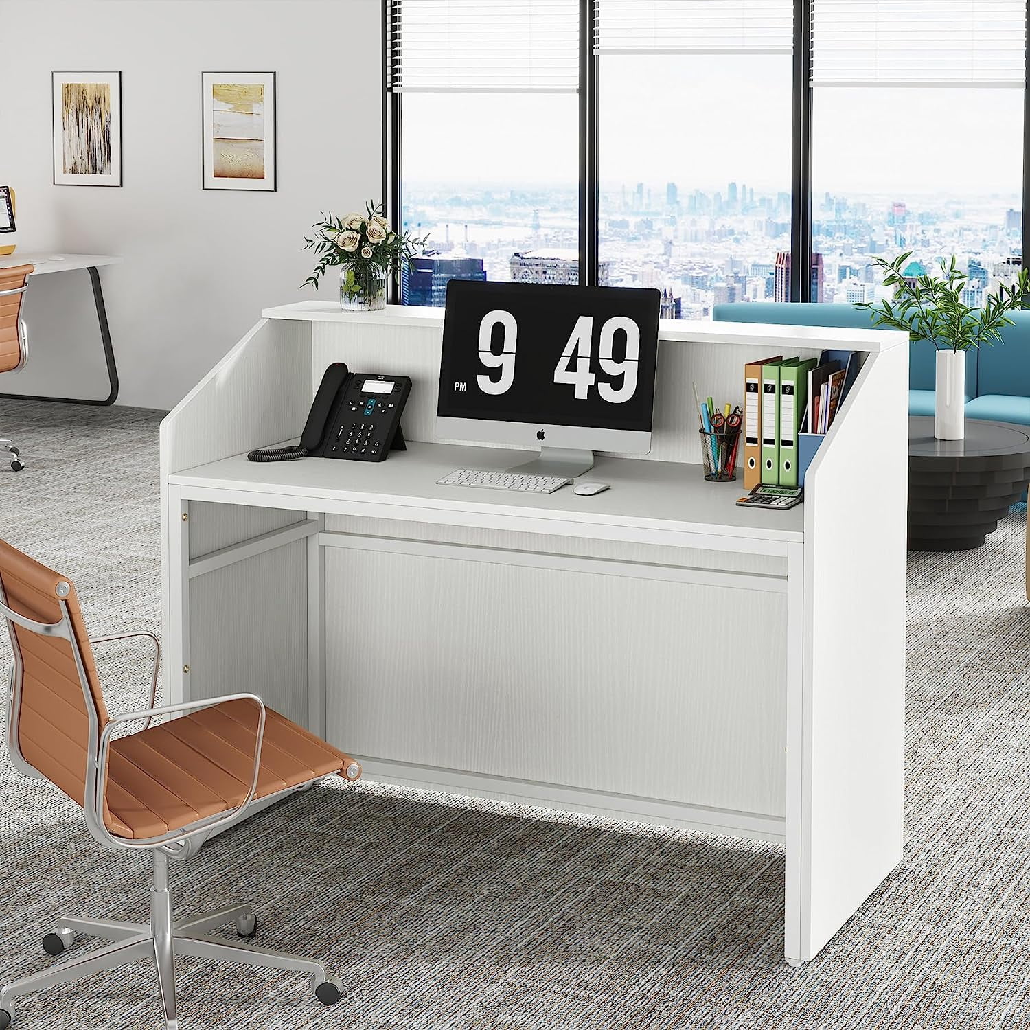 Tribesigns Modern 47" Front Desk, Wood Reception Desk Retail Counter for Salon, Home Office, White