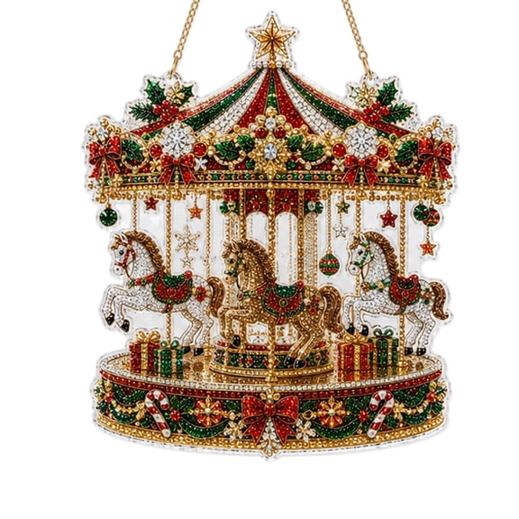Christmas Ornament 8 Inch Carousel Style Hanging Decor, Crystal Suncatcher for Home Holiday Display, Gold Accent Christmas Decoration, 1 Piece